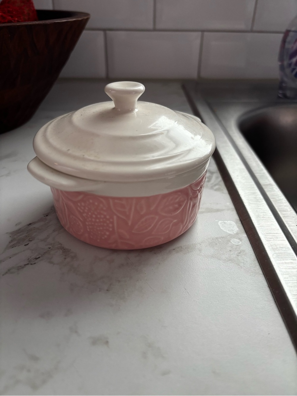 Pink Ceramic Covered Dish with Cream Lid - Decorative Kitchen Accent